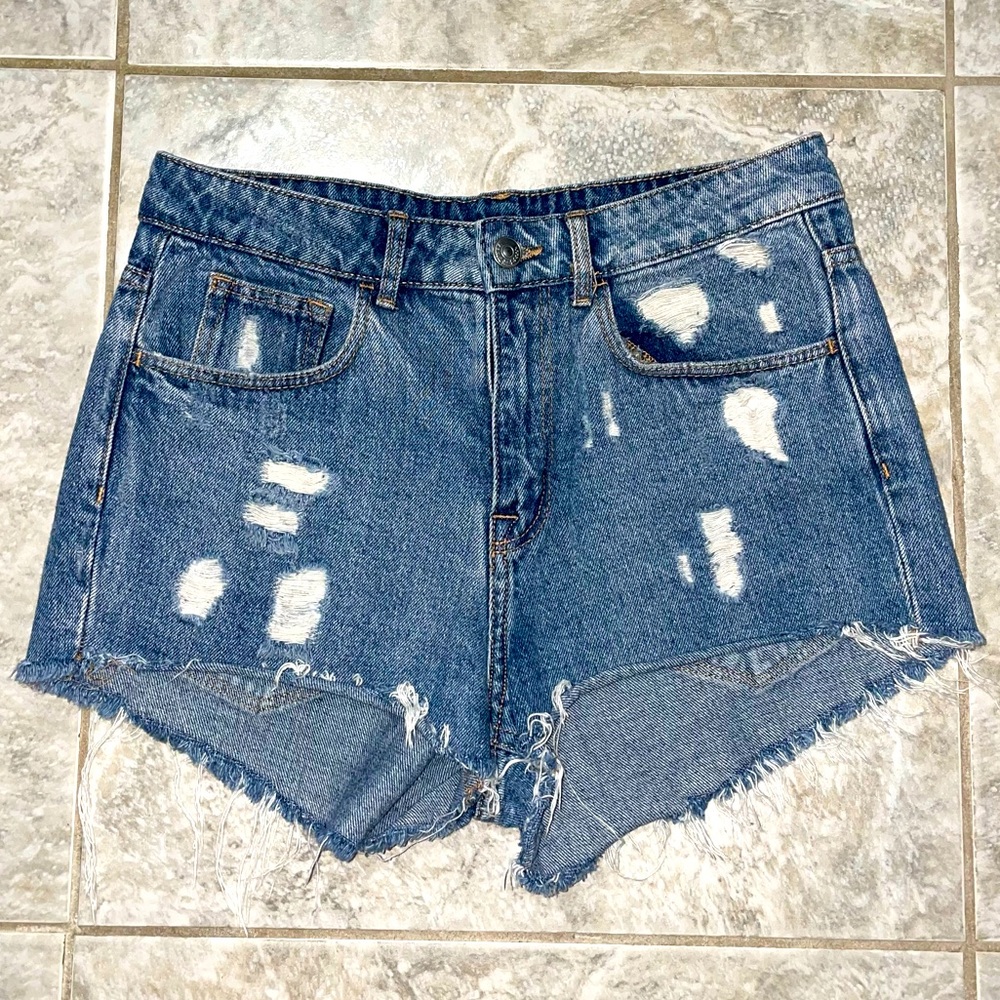 H&M High Waist Distressed Denim Shorts - Blue